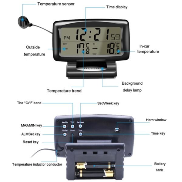 LCD Night Light Car Clock Automotive Electronics Inside And Outside Dual Thermometer - Image 4