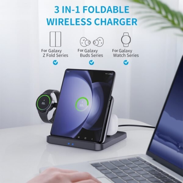 3 In 1 Wireless Charger For Samsung Galaxy Z Fold Mobile Phone Earphones & Smart Watches, F16A - Image 3