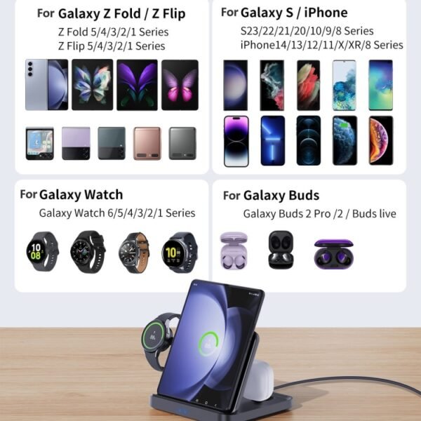 3 In 1 Wireless Charger For Samsung Galaxy Z Fold Mobile Phone Earphones & Smart Watches, F16A - Image 4