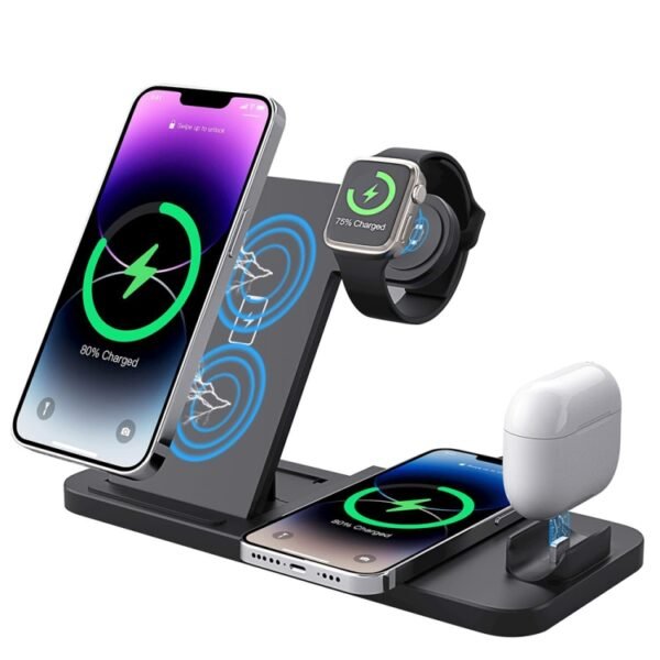 4-in-1 Foldable Desktop Mobile Phone Watch Earphones Wireless Charger, W33 - Image 2