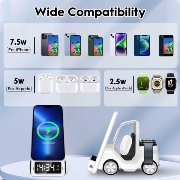 T20 5-in-1 Car-shaped Desktop Alarm Clock Wireless Charger with Atmosphere Light, White, Gray, Yellow, Orange - Image 11
