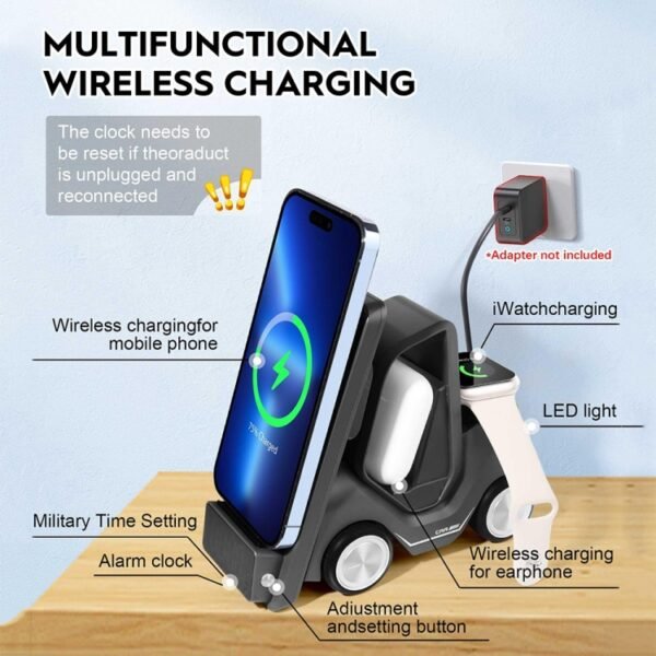 T20 5-in-1 Car-shaped Desktop Alarm Clock Wireless Charger with Atmosphere Light, White, Gray, Yellow, Orange - Image 6