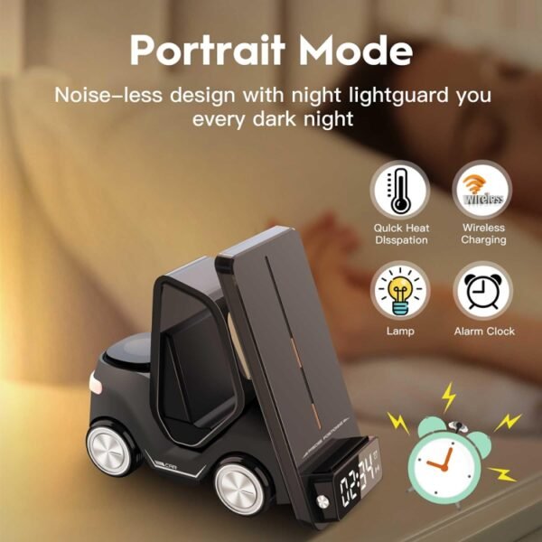 T20 5-in-1 Car-shaped Desktop Alarm Clock Wireless Charger with Atmosphere Light, White, Gray, Yellow, Orange - Image 7
