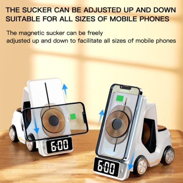 T20 5-in-1 Car-shaped Desktop Alarm Clock Wireless Charger with Atmosphere Light, White, Gray, Yellow, Orange - Image 8