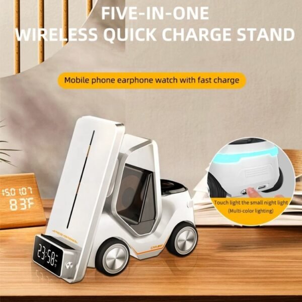 T20 5-in-1 Car-shaped Desktop Alarm Clock Wireless Charger with Atmosphere Light, White, Gray, Yellow, Orange - Image 9