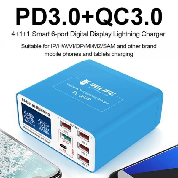 RELIFE RL-304P 6 Port Smart Digital Display Fast Charger Mobile Phone PD3.0+QC3.0 USB Charging Pile, US Plug, EU Plug - Image 3