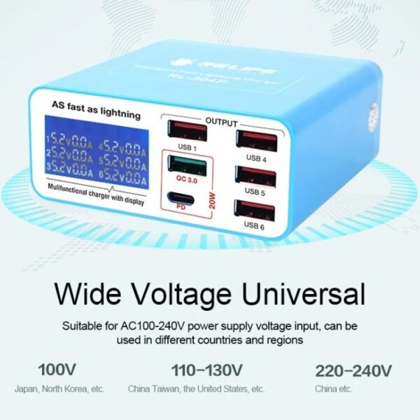 RELIFE RL-304P 6 Port Smart Digital Display Fast Charger Mobile Phone PD3.0+QC3.0 USB Charging Pile, US Plug, EU Plug - Image 4