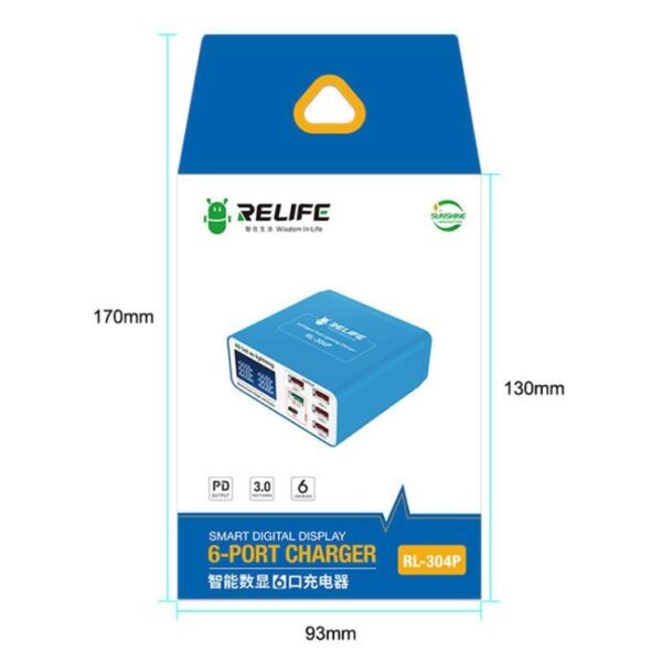 RELIFE RL-304P 6 Port Smart Digital Display Fast Charger Mobile Phone PD3.0+QC3.0 USB Charging Pile, US Plug, EU Plug - Image 9