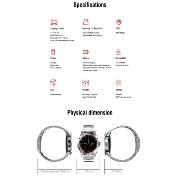 N6 Smart Watch 1.3 inch TFT Screen MTK2502C Bluetooth4.0, Stainless Steel Watch Band, Support Heart Rate Monitor & Pedometer & Sleep Monitor & Sedentary Reminder, Stainless Steel Watch Strap/Black, Stainless Steel Watch Strap/Silver - Image 11