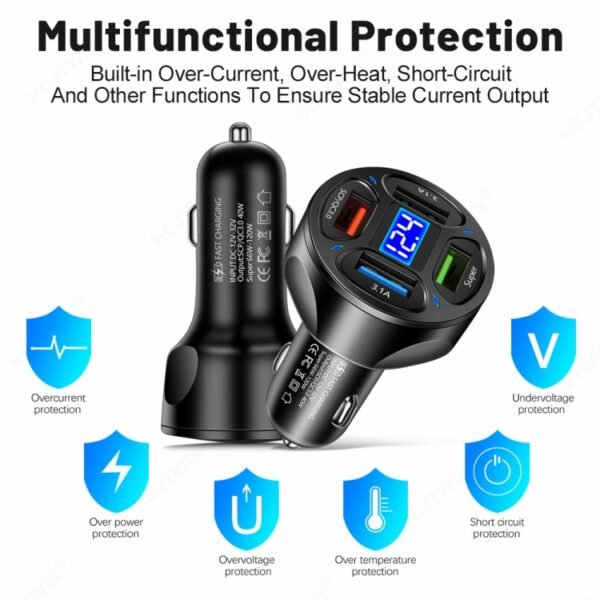 66W 4 in 1 Digital Display Fast Charging Car Charger with Voltmeter, 66W - Image 2