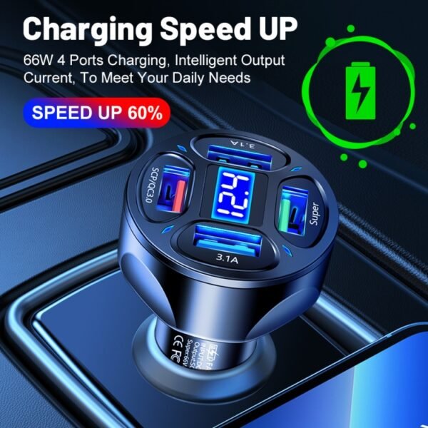 66W 4 in 1 Digital Display Fast Charging Car Charger with Voltmeter, 66W - Image 3