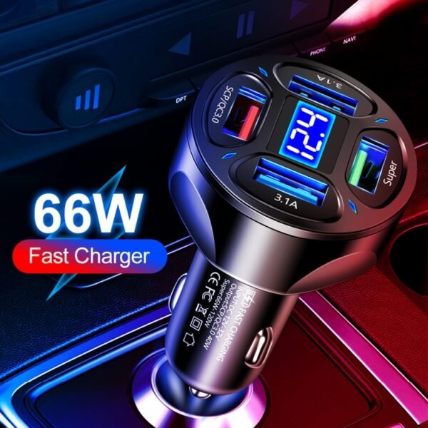 66W 4 in 1 Digital Display Fast Charging Car Charger with Voltmeter, 66W - Image 9