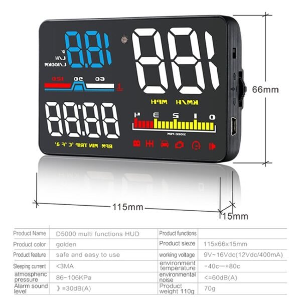 D5000 OBD2 5 inch Vehicle-mounted Head Up Display Security System, Support Car Speed / Engine Revolving Speed Display / Water Temperature / Battery Voltage / Detection and Elimination Fault Code - Image 3