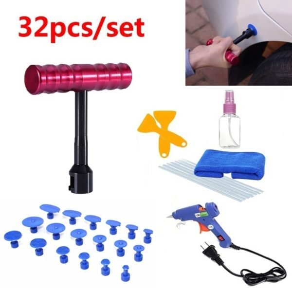 32 in 1 Auto Car Metal PDR Dent Lifter-Glue Puller Tab Hail Removal Paintless Car Dent Repair Tools Kit, with 20W Glue Gun, US Plug or EU Plug - Image 9