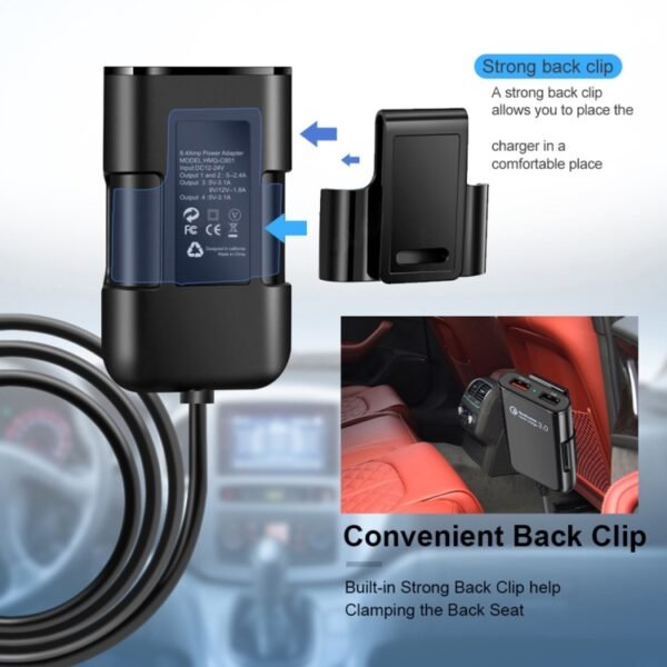 HMQ-C801 1.8m 8A Max 4 Ports USB Car Charger with Extending USB HUB for Front & Back Seat Charging (Black) - Image 8