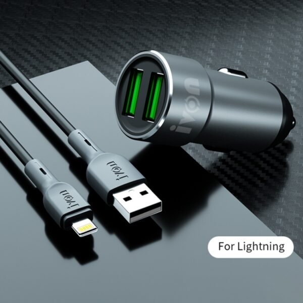IVON CC38 2.4A Dual USB Car Charger + 1m USB to 8 Pin Fast Charge Data Cable Set - Image 2