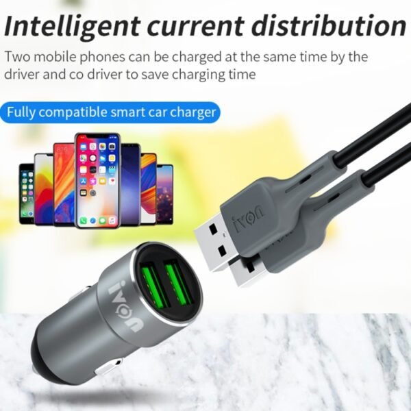 IVON CC38 2.4A Dual USB Car Charger + 1m USB to USB-C / Type-C Fast Charge Data Cable Set - Image 6