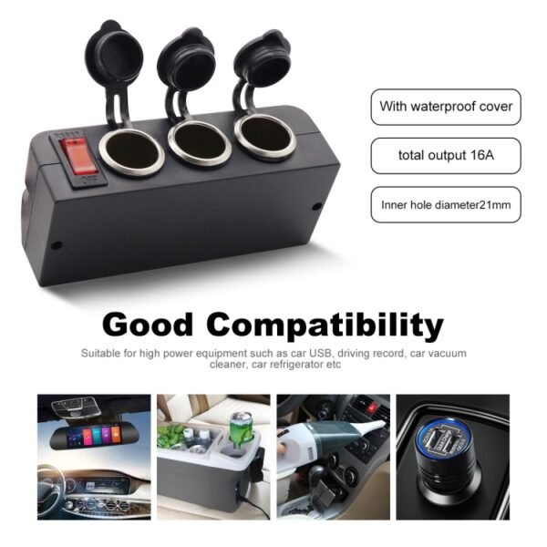 3 in 1 12-24V 16A Car Cigarette Lighter Socket with Overload Protection Switch Control - Image 6