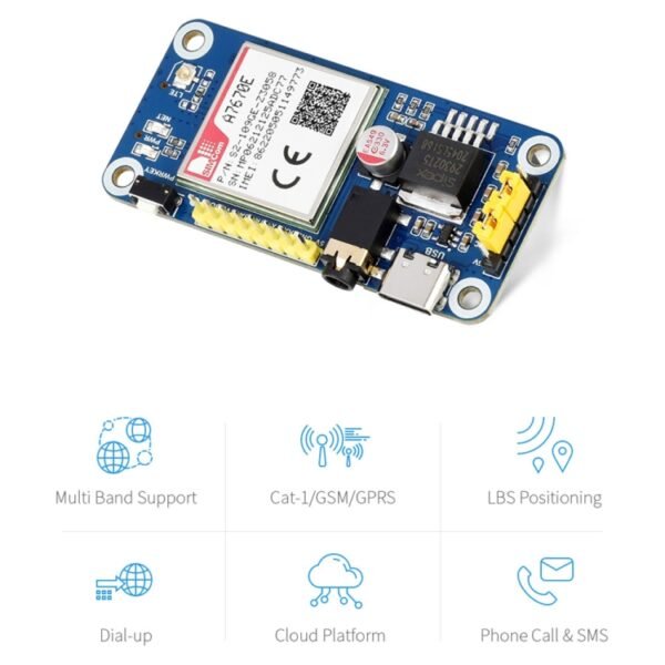 Waveshare Multi Band 2G GSM / GPRS LBS A7670E LTE Cat-1 HAT for Raspberry Pi, for Europe, Southeast Asia, West Asia, Africa, China, South Kor - Image 4