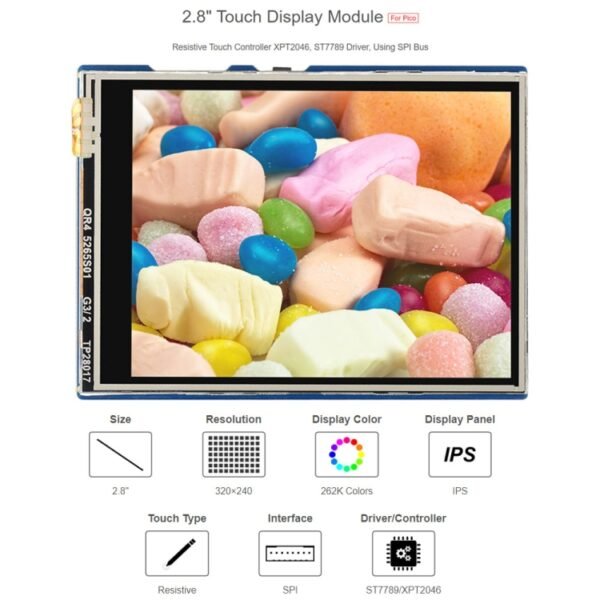 WAVESHARE 2.8 inch 262K Colors 320 x 240 Pixel Touch Display Module for Raspberry Pi Pico, SPI Interface - Image 2