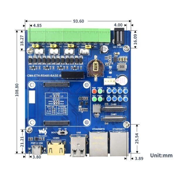 Waveshare Dual ETH Quad RS485 Base Board B for Raspberry Pi CM4, Gigabit Ethernet - Image 2