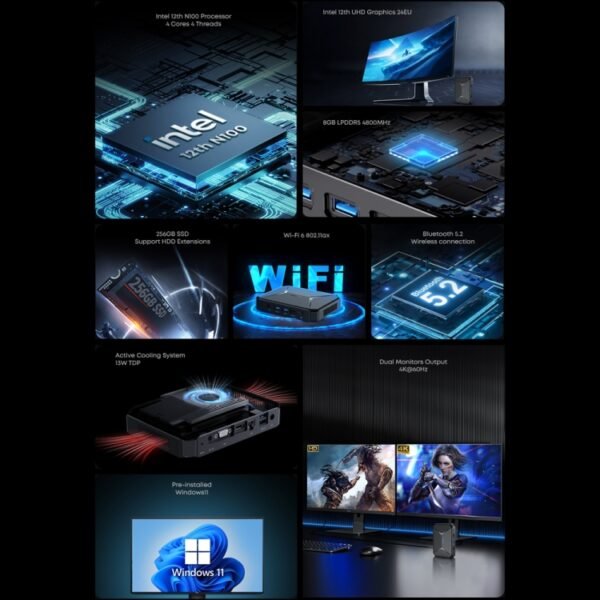 CHIWI HeroBox Mini PC, Windows 11, Intel Celeron N100 Quad Core up to 2.8 GHz, 8GB+256GB, Support VGA, HDMI, HeroBox