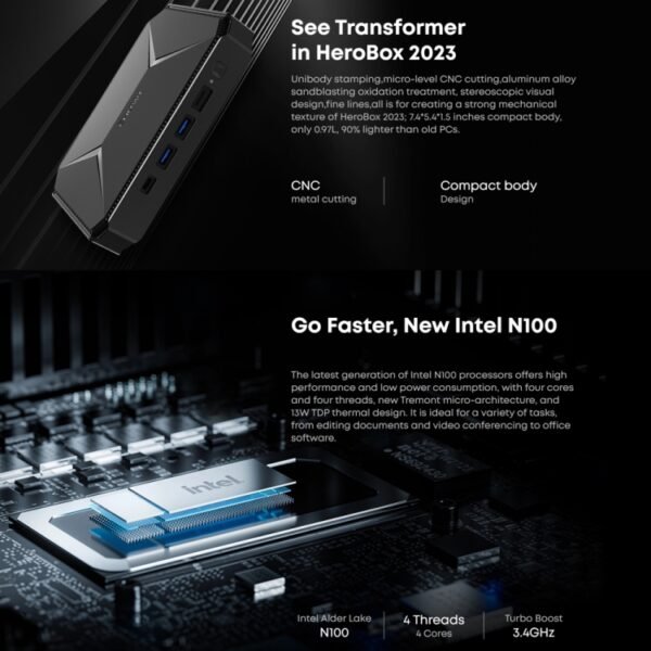 CHIWI HeroBox Mini PC, Windows 11, Intel Celeron N100 Quad Core up to 2.8 GHz, 8GB+256GB, Support VGA, HDMI, HeroBox