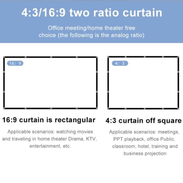 Folding Milk Silk Polyester Projector Film Curtain, 60 inch (16:9) Projection Area: 133 x 75cm, 60 inch (4:3) Projection Area: 120 x 90cm, 72 inch (16:9) Projection Area: 159 x 90cm, 72 inch (4:3) Projection Area: 146 x 110cm...