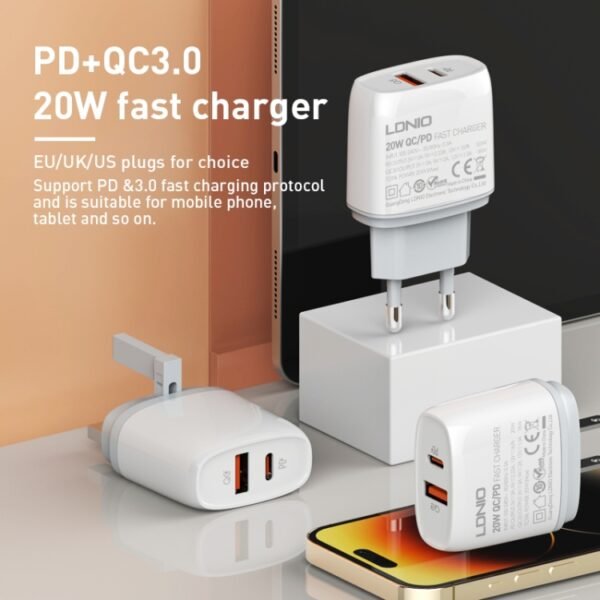 LDNIO Q229 QC3.0 / PD20W USB + Type-C Fast Charger with 1m USB to 8 Pin Cable, EU Plug, UK Plug, US Plug - Image 2