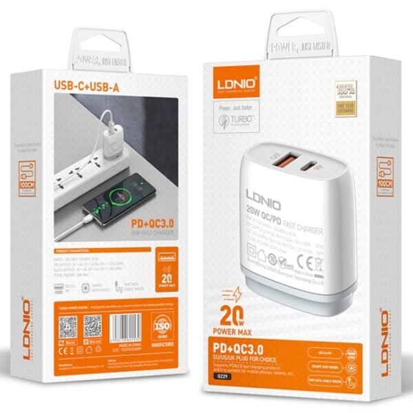 LDNIO Q229 QC3.0 / PD20W USB + Type-C Fast Charger with 1m USB to 8 Pin Cable, EU Plug, UK Plug, US Plug - Image 13