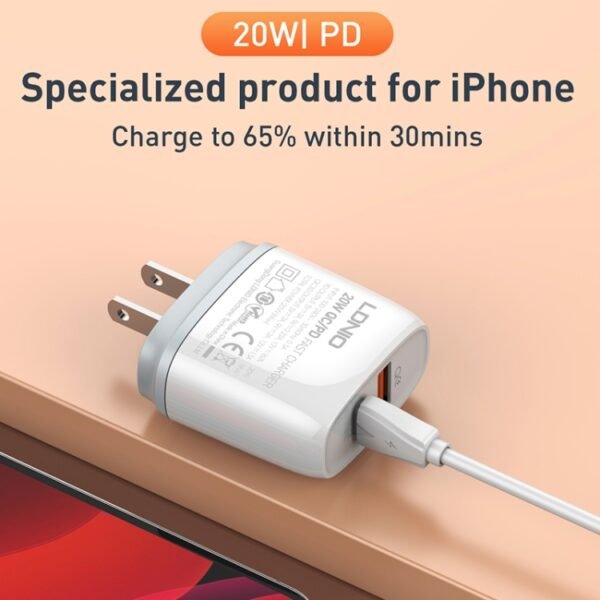 LDNIO Q229 QC3.0 / PD20W USB + Type-C Fast Charger with 1m USB to 8 Pin Cable, EU Plug, UK Plug, US Plug - Image 4