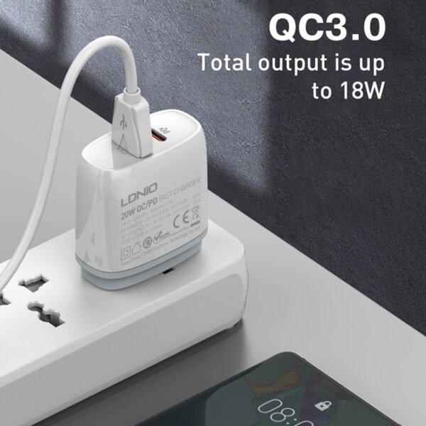 LDNIO Q229 QC3.0 / PD20W USB + Type-C Fast Charger with 1m USB to 8 Pin Cable, EU Plug, UK Plug, US Plug - Image 5
