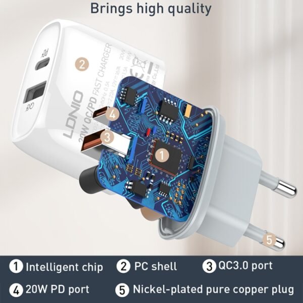 LDNIO Q229 QC3.0 / PD20W USB + Type-C Fast Charger with 1m USB to 8 Pin Cable, EU Plug, UK Plug, US Plug - Image 6