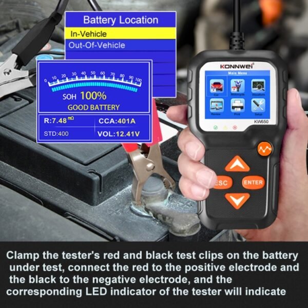 KONNWEI KW650 6V- 12V Car Motorcycle Battery Lawn Mower Detector with 2.4 inch Color Display & Waveform Graph