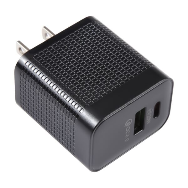 PD 20W USB-C/Type-C+QC 3.0 USB Ports Plaid Pattern Travel Charger, US Plug, US Plug (Black) - Image 2