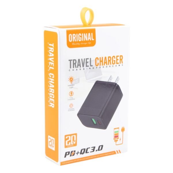 PD 20W USB-C/Type-C+QC 3.0 USB Ports Plaid Pattern Travel Charger, US Plug, US Plug (Black) - Image 4