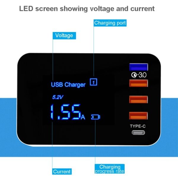 CDA33Q 40W QC 3.0 USB + 3 USB Ports + USB-C / Type-C Ports Multi-function Charger with LED Display, EU Plug