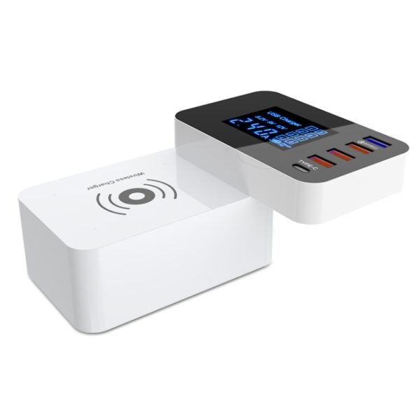 CDA33QW 40W QC 3.0 USB Ports + 3 USB Ports + USB-C / Type-C Ports + Wireless Charging Multi-function Foldable Charger with LED Display, US Plug
