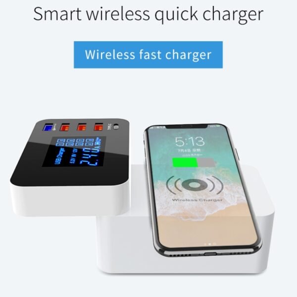 CDA33QW 40W QC 3.0 USB Ports + 3 USB Ports + USB-C / Type-C Ports + Wireless Charging Multi-function Foldable Charger with LED Display, US Plug