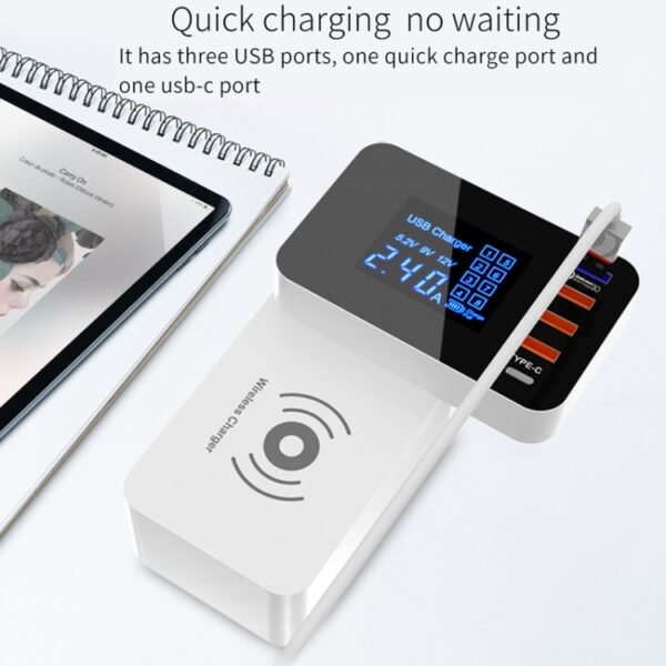 CDA33QW 40W QC 3.0 USB Ports + 3 USB Ports + USB-C / Type-C Ports + Wireless Charging Multi-function Foldable Charger with LED Display, US Plug