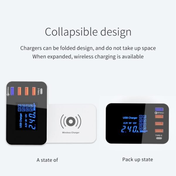 CDA33QW 40W QC 3.0 USB Ports + 3 USB Ports + USB-C / Type-C Ports + Wireless Charging Multi-function Foldable Charger with LED Display, US Plug