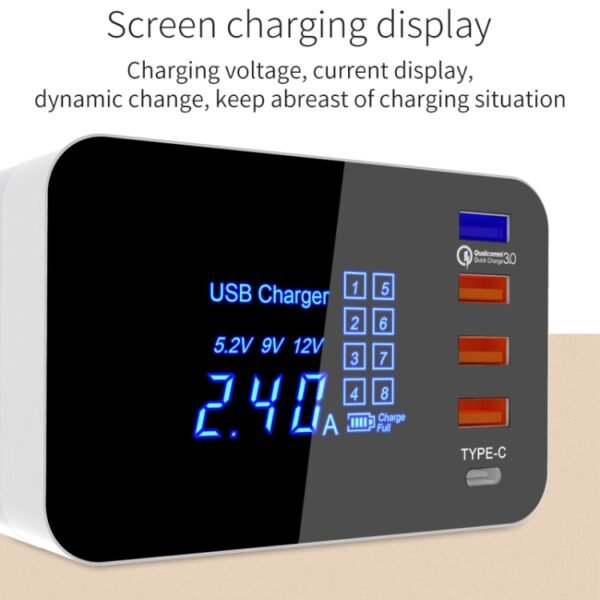 CDA33QW 40W QC 3.0 USB Ports + 3 USB Ports + USB-C / Type-C Ports + Wireless Charging Multi-function Foldable Charger with LED Display, US Plug