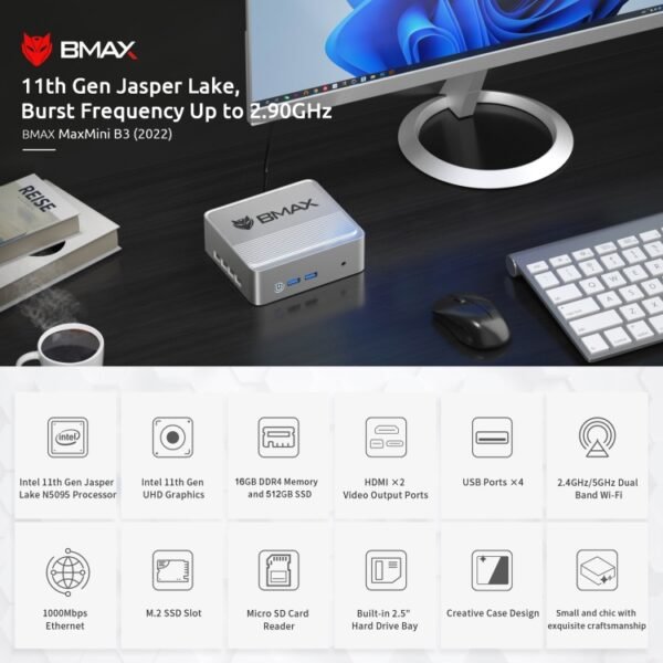 BMAX B3 Windows 11 Mini PC, 16GB+512GB, Intel Jasper Lake N5095, Su...