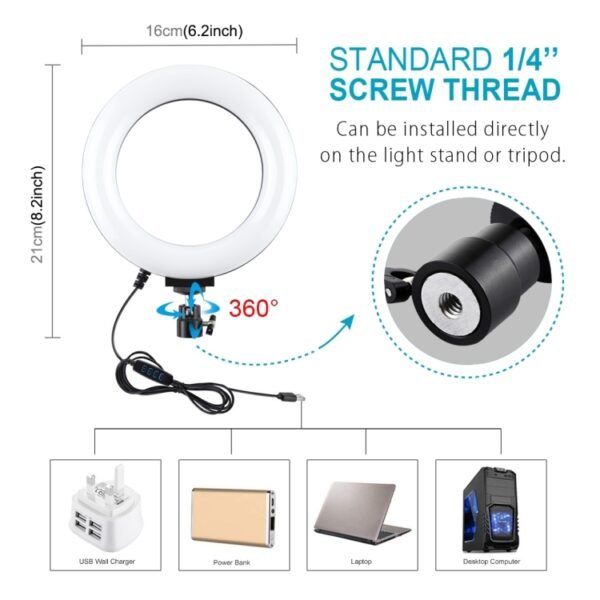 PULUZ 70cm Tripod Mount +  Live Broadcast Dual Phone Bracket + 6.2 inch 16cm LED Ring Vlogging Video Light Kits - Image 4