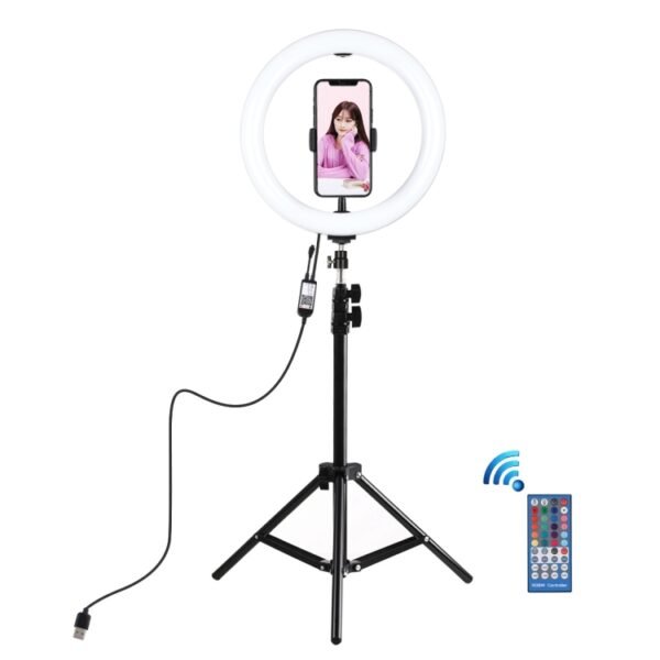PULUZ 1.1m Tripod Mount + 10.2 inch 26cm RGBW LED Ring Vlogging Video Light  Live Broadcast Kits with Remote Control & Cold Shoe Tripod Ball Head & Phone Clamp(Black)