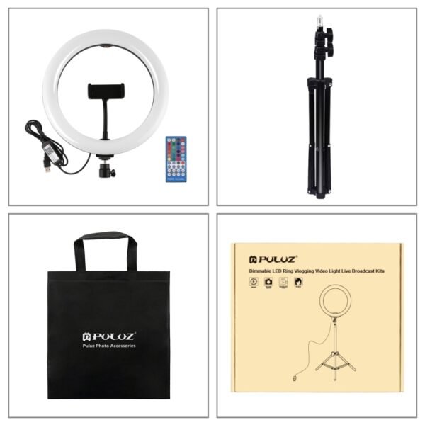 PULUZ 1.1m Tripod Mount + 10.2 inch 26cm RGBW LED Ring Vlogging Video Light  Live Broadcast Kits with Remote Control & Cold Shoe Tripod Ball Head & Phone Clamp(Black)