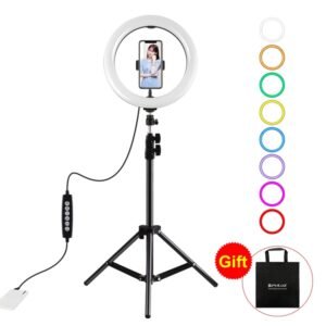 PULUZ 1.1m Tripod Mount + 10.2 inch 26cm RGBW LED Ring Vlogging Video Light  Live Broadcast Kits with Cold Shoe Tripod Ball Head & Phone Clamp