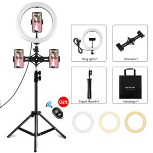 PULUZ 10.2 inch 26cm Light + 1.1m Tripod Mount + Dual Phone Brackets USB 3 Modes Dimmable Dual Color Temperature LED Curved Diffuse Light Ring Vlogging Selfie Photography Video Lights with Phone Clamp & Selfie Remote Control...