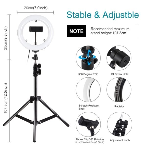 PULUZ 7.9 inch 20cm Mirror Light+ 1.1m Tripod Mount USB 3 Modes Dim... - Image 3