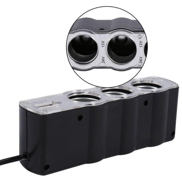 WF-0120 12V / 24V 3 Way Triple Sockets USB Car Cigarette Lighter Socket Splitter Charger(Black) - Image 3